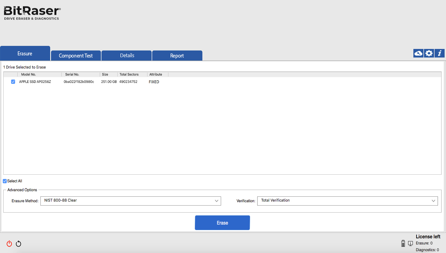 BitRaser Drive Eraser & Diagnostics für Mac Hauptbenutzeroberfläche